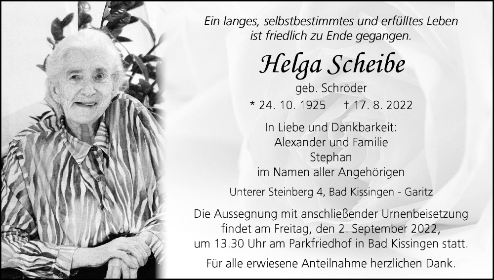  Traueranzeige für Helga Scheibe vom 27.08.2022 aus MGO