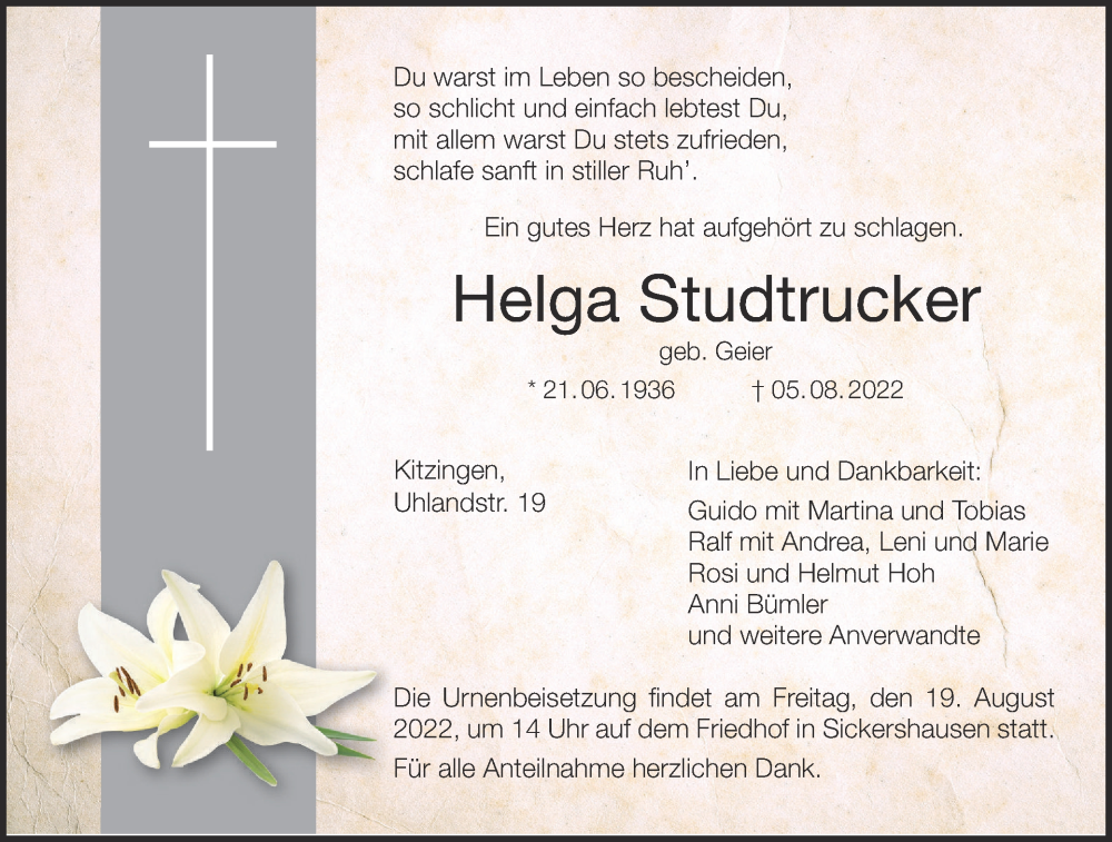  Traueranzeige für Helga Studtrucker vom 13.08.2022 aus MGO