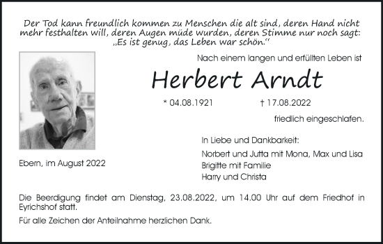Anzeige von Herbert Arndt von MGO