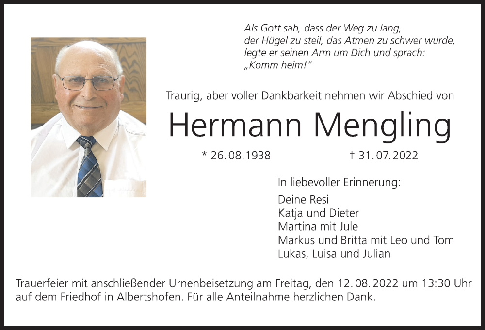  Traueranzeige für Hermann Mengling vom 09.08.2022 aus MGO