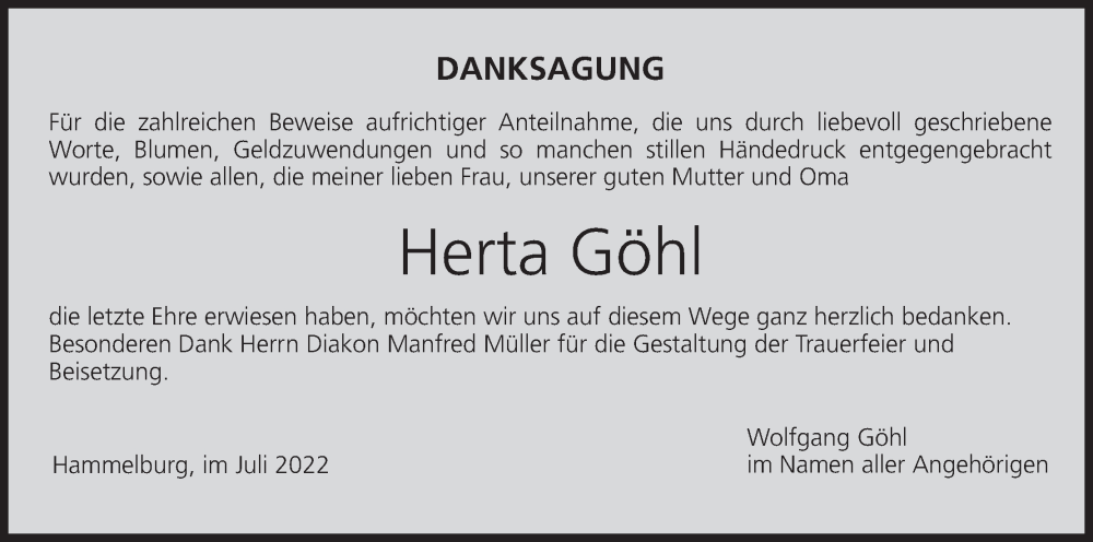  Traueranzeige für Herta Göhl vom 06.08.2022 aus MGO