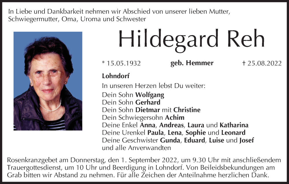 Traueranzeige für Hildegard Reh vom 30.08.2022 aus MGO
