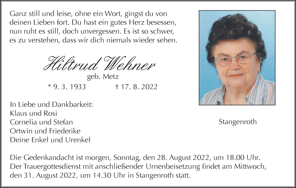  Traueranzeige für Hiltrud Wehner vom 27.08.2022 aus MGO