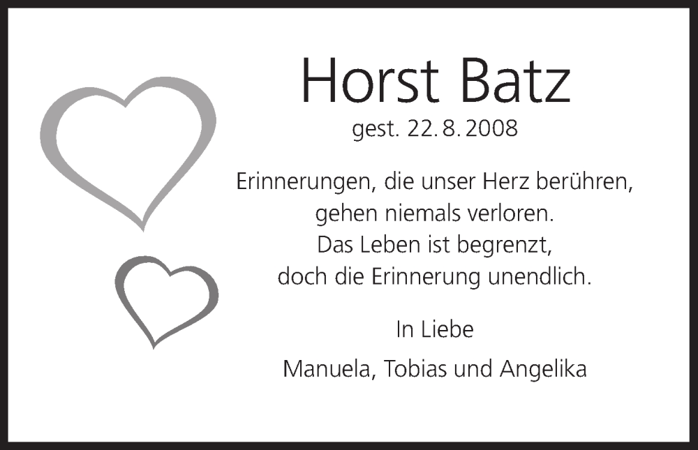  Traueranzeige für Horst Batz vom 20.08.2022 aus MGO