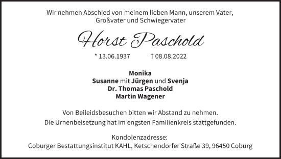 Anzeige von Horst Paschold von MGO