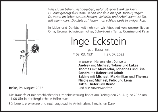 Anzeige von Inge Eckstein von MGO
