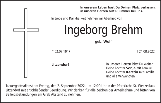Anzeige von Ingeborg Brehm von MGO