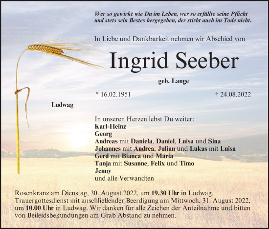 Anzeige von Ingrid Seeber von MGO