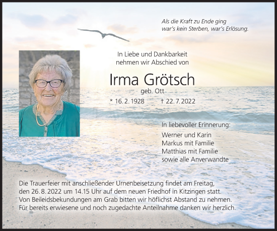 Anzeige von Irma Grötsch von MGO