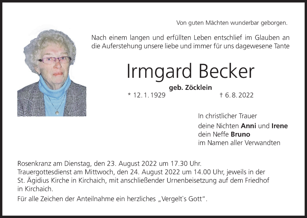  Traueranzeige für Irmgard Becker vom 20.08.2022 aus MGO