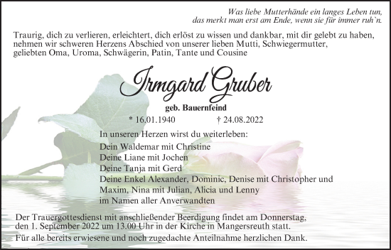 Anzeige von Irmgard Gruber von MGO