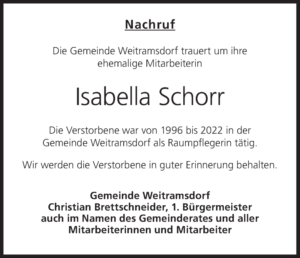  Traueranzeige für Isabella Schorr vom 26.08.2022 aus MGO