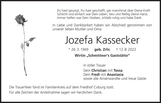 Anzeige von Jozefa Kassecker von MGO