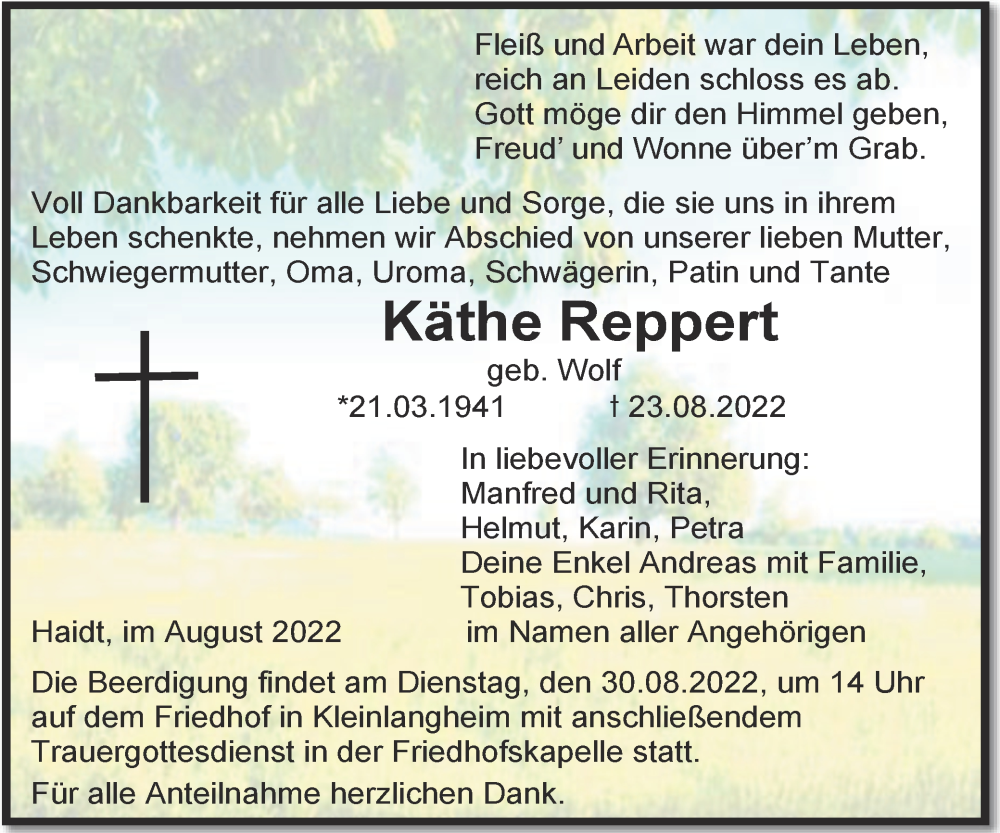  Traueranzeige für Käthe Reppert vom 30.08.2022 aus MGO