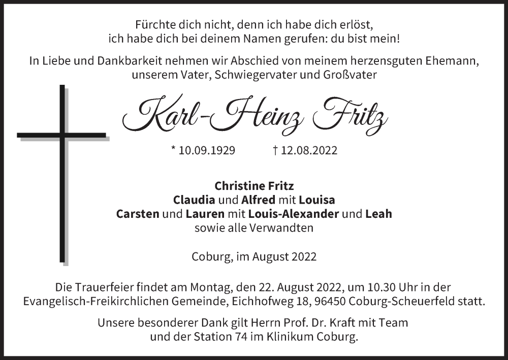  Traueranzeige für Karl-Heinz Fritz vom 19.08.2022 aus MGO