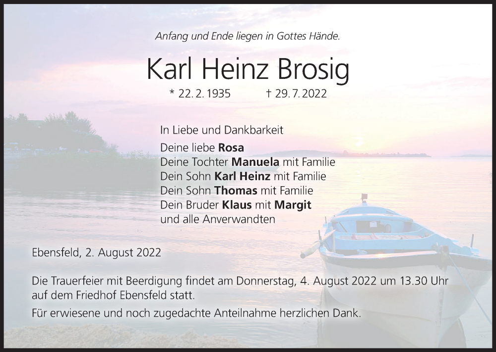  Traueranzeige für Karl Heinz Brosig vom 02.08.2022 aus MGO