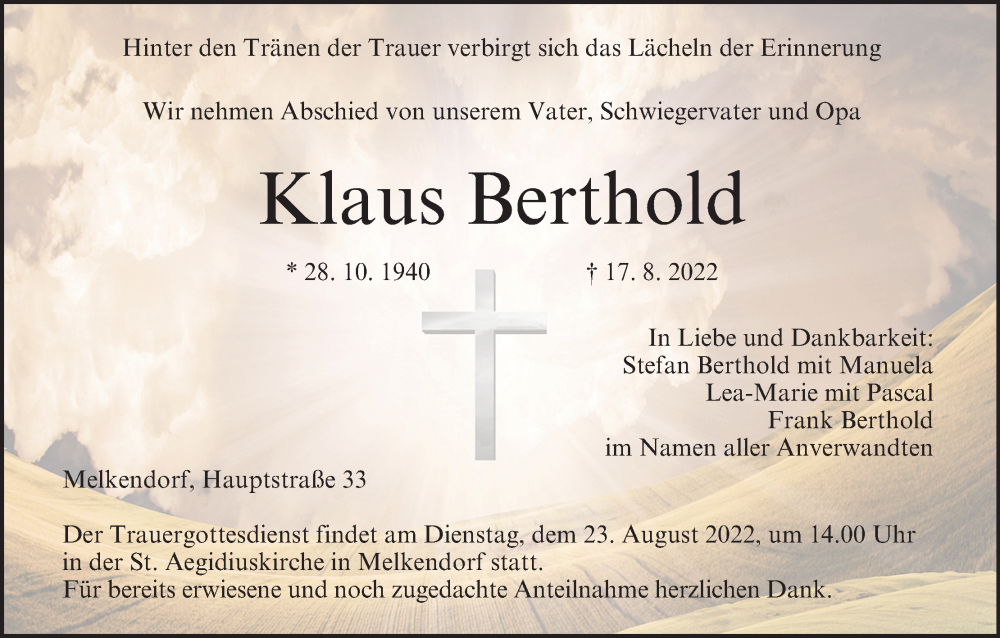  Traueranzeige für Klaus Berthold vom 20.08.2022 aus MGO