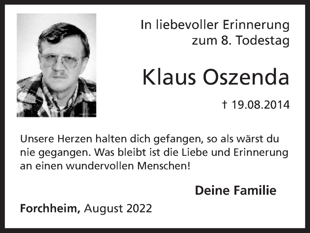  Traueranzeige für Klaus Oszenda vom 19.08.2022 aus MGO
