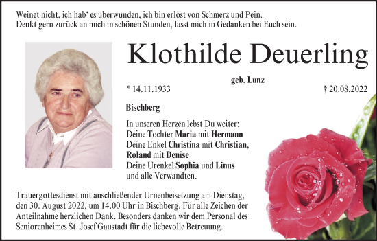 Anzeige von Klothilde Deuerling von MGO