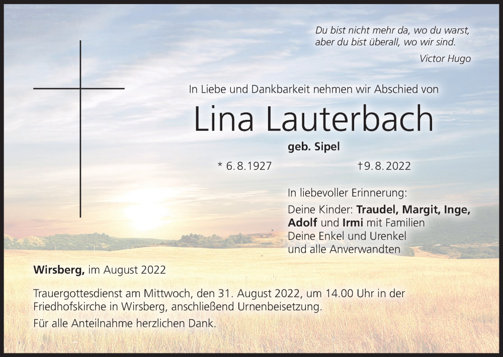  Traueranzeige für Lina Lauterbach vom 27.08.2022 aus MGO