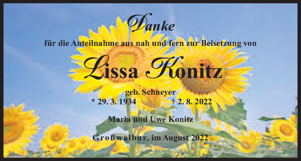  Traueranzeige für Lissa Konitz vom 20.08.2022 aus MGO