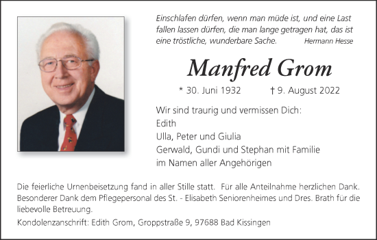 Anzeige von Manfred Grom von MGO