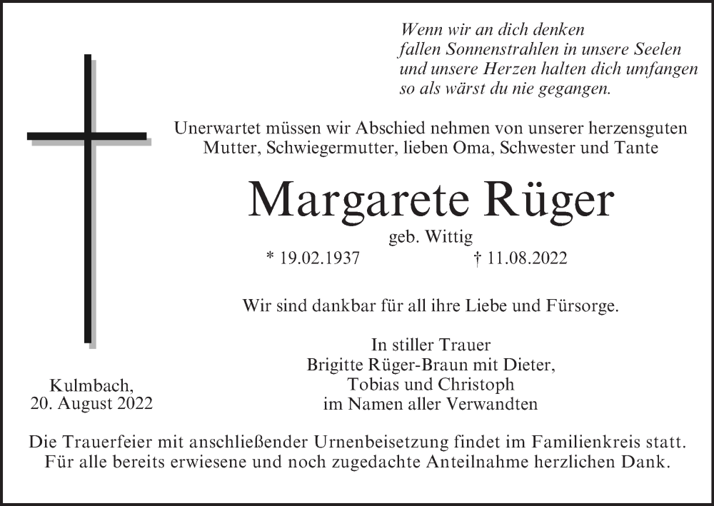  Traueranzeige für Margarete Rüger vom 20.08.2022 aus MGO