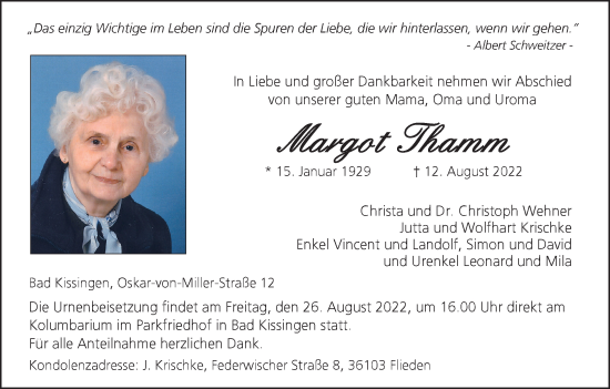 Anzeige von Margot Thamm von MGO