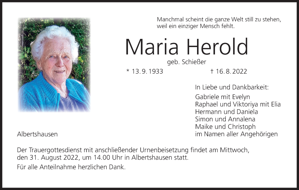  Traueranzeige für Maria Herold vom 27.08.2022 aus MGO
