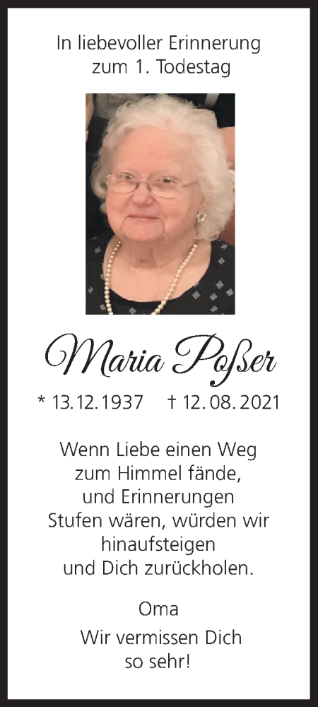  Traueranzeige für Maria Poßer vom 12.08.2022 aus MGO