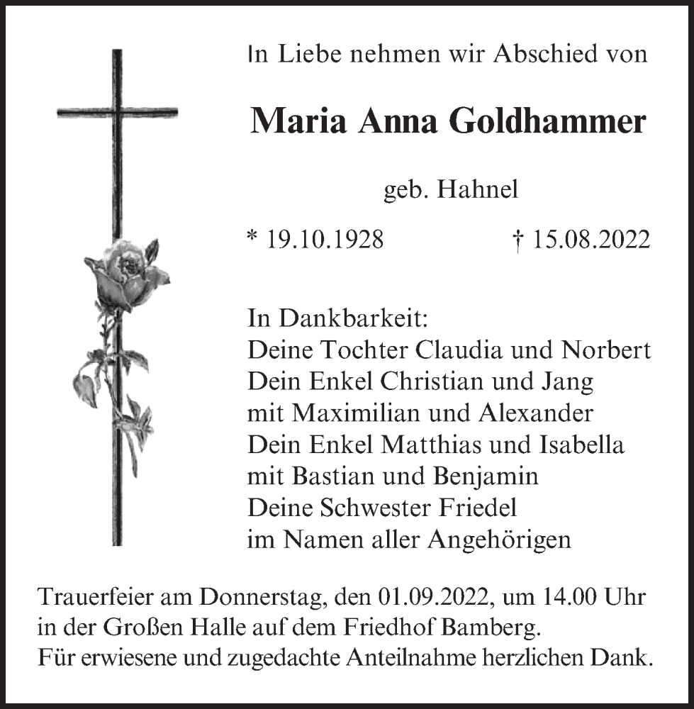  Traueranzeige für Maria Anna Goldhammer vom 27.08.2022 aus MGO