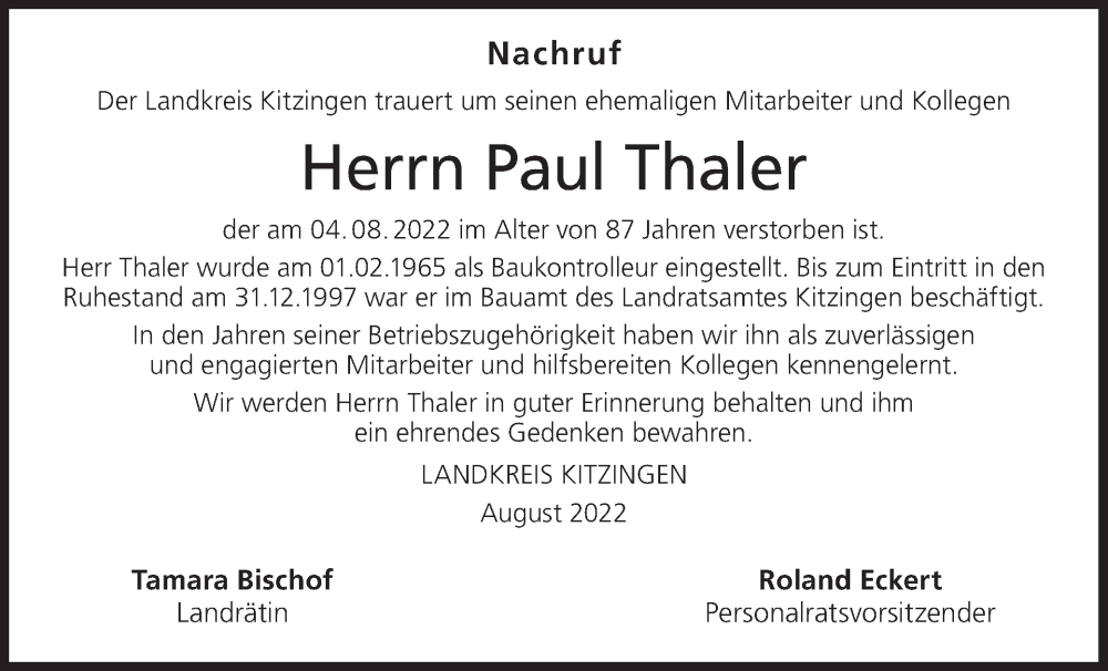  Traueranzeige für Paul Thaler vom 20.08.2022 aus MGO