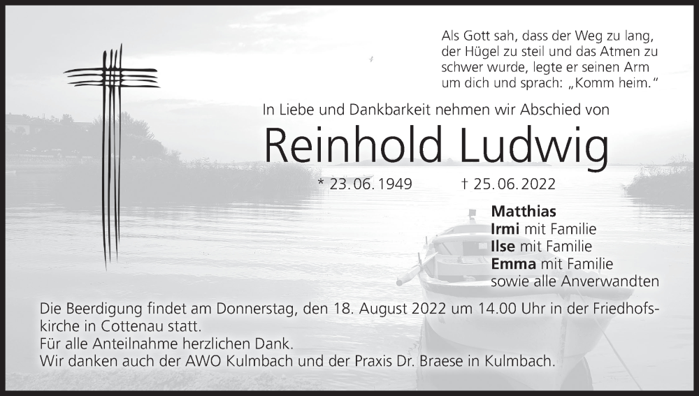  Traueranzeige für Reinhold Ludwig vom 17.08.2022 aus MGO