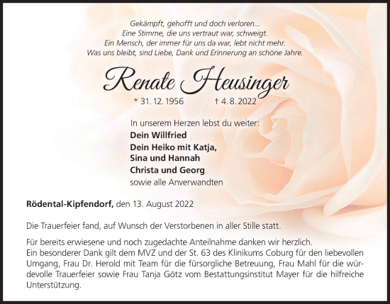 Anzeige von Renate Heusinger von MGO