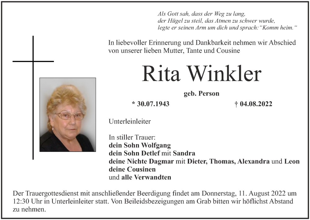  Traueranzeige für Rita Winkler vom 08.08.2022 aus MGO