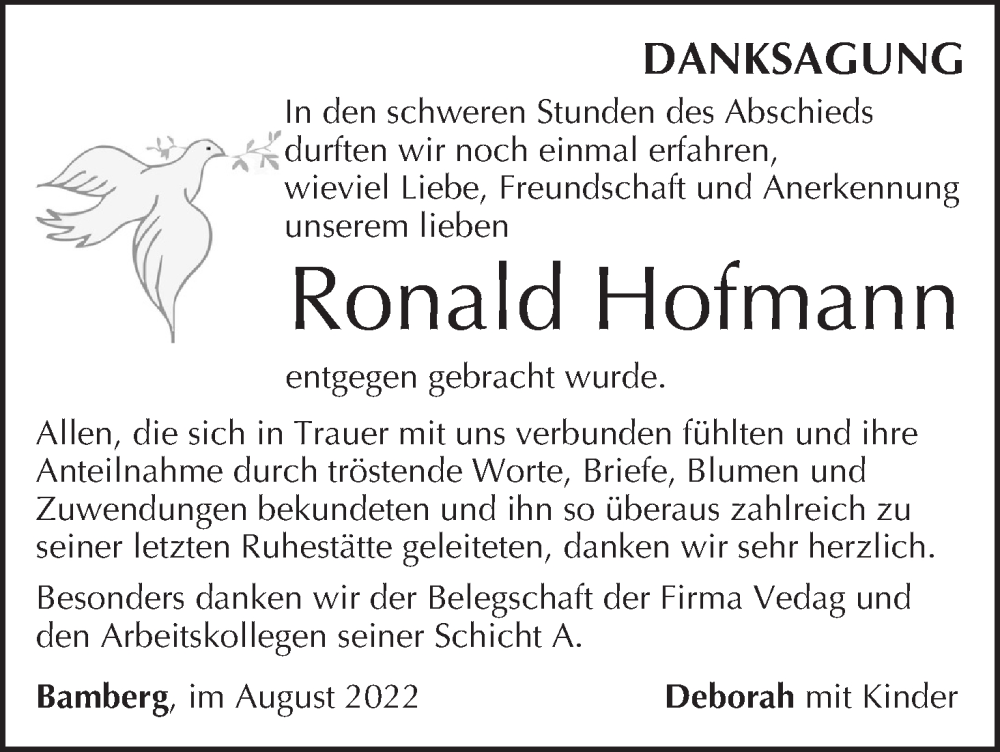  Traueranzeige für Ronald Hofmann vom 27.08.2022 aus MGO