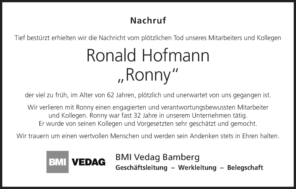  Traueranzeige für Ronald Hofmann vom 13.08.2022 aus MGO