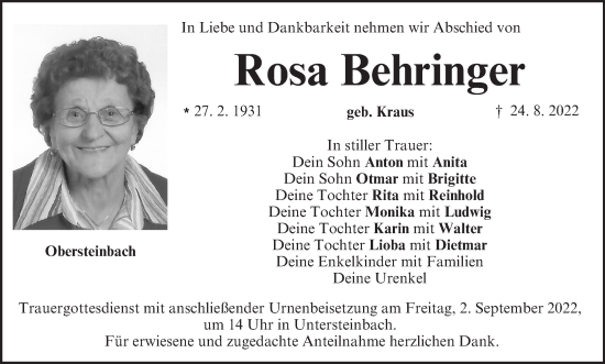 Anzeige von Rosa Behringer von MGO