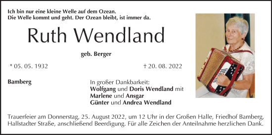 Anzeige von Ruth Wendland von MGO