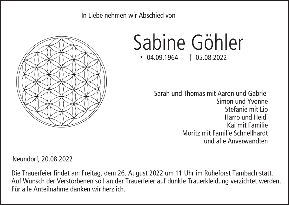  Traueranzeige für Sabine Göhler vom 20.08.2022 aus MGO
