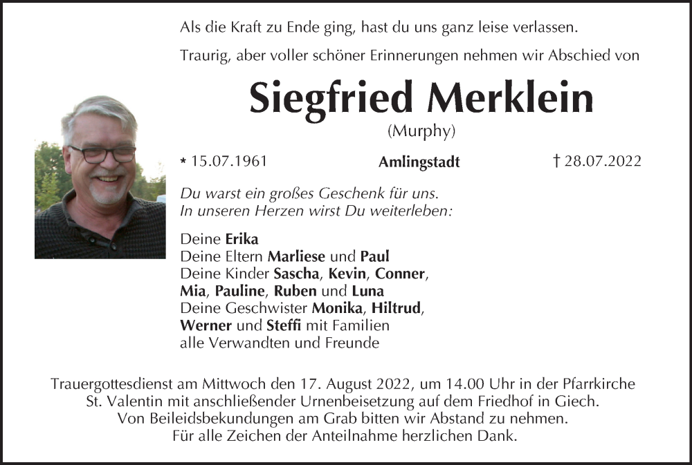  Traueranzeige für Siegfried Merklein vom 13.08.2022 aus MGO