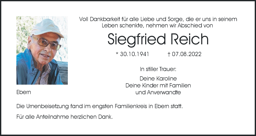  Traueranzeige für Siegfried Reich vom 20.08.2022 aus MGO