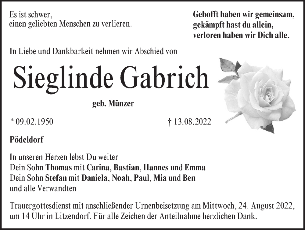  Traueranzeige für Sieglinde Gabrich vom 20.08.2022 aus MGO