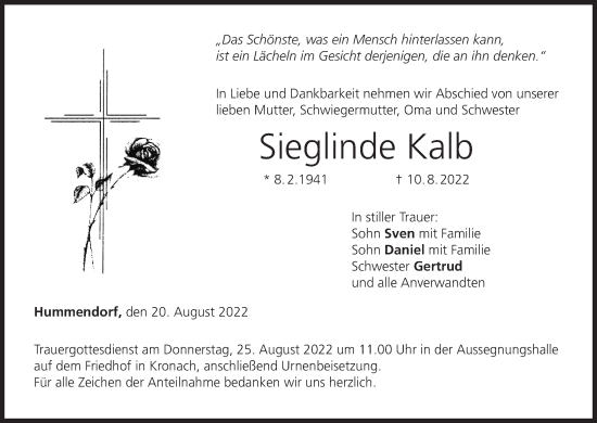 Anzeige von Sieglinde Kalb von MGO