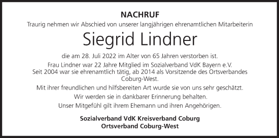 Anzeige von Siegrid Lindner von MGO