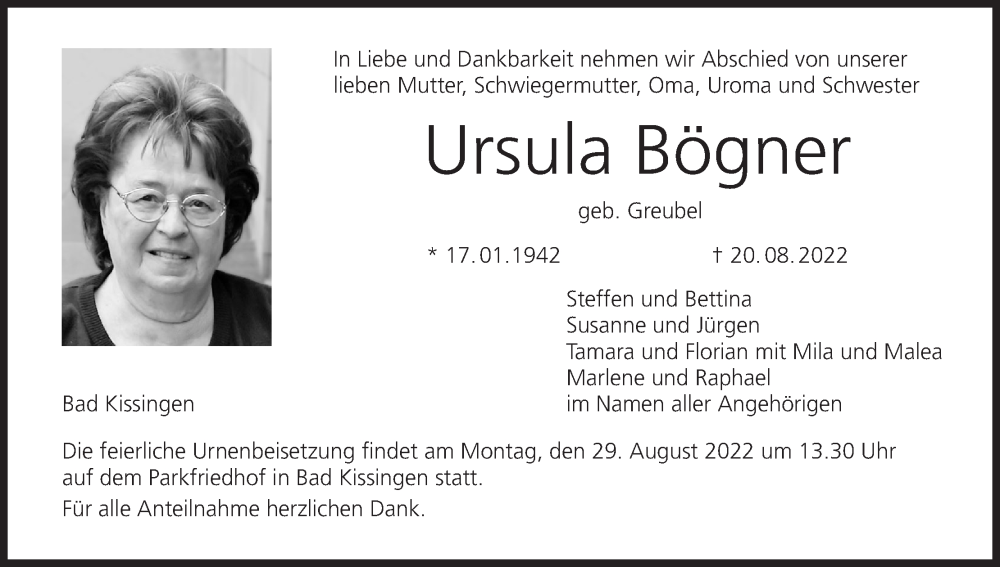  Traueranzeige für Ursula Bögner vom 25.08.2022 aus MGO