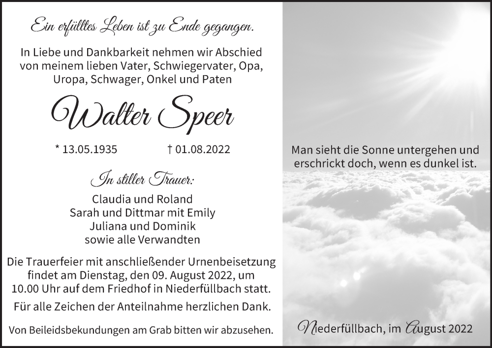  Traueranzeige für Walter Speer vom 06.08.2022 aus MGO
