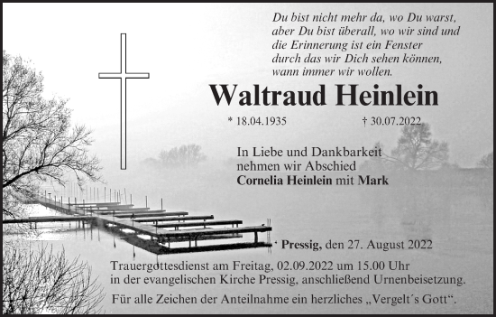 Anzeige von Waltraud Heinlein von MGO