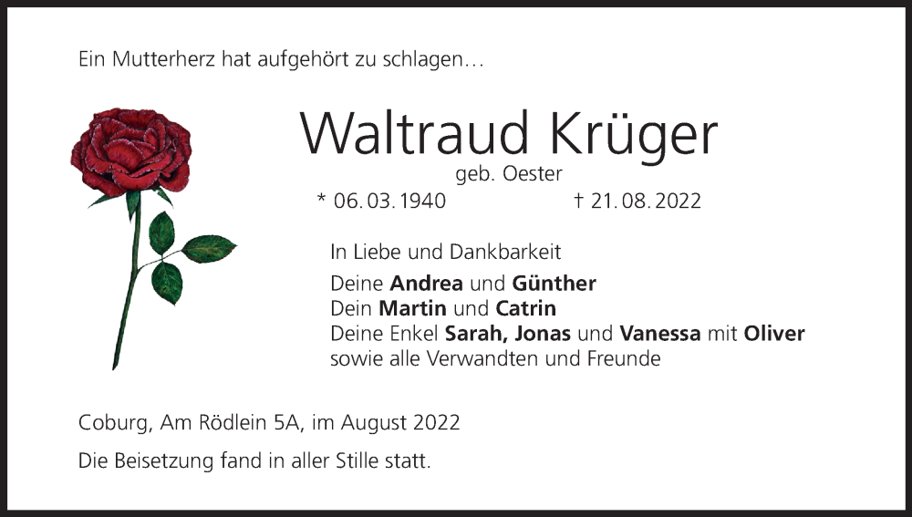  Traueranzeige für Waltraud Krüger vom 27.08.2022 aus MGO