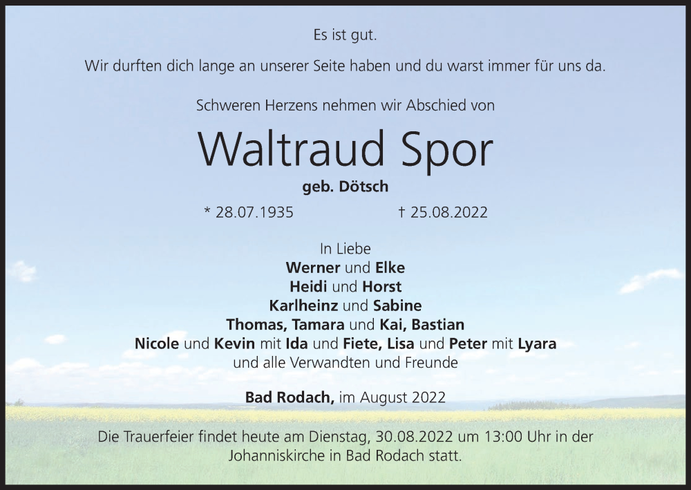  Traueranzeige für Waltraud Spor vom 30.08.2022 aus MGO